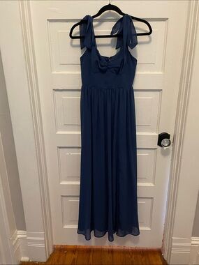 Lulu's Navy Blue Chiffon Tie-Shoulder Formsl Dress for 5’3” person